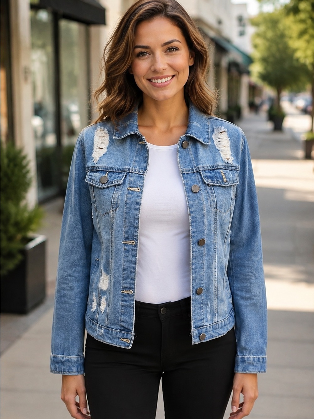 Cisono Medium Wash Distressed Denim Jean Jacket Women’s M